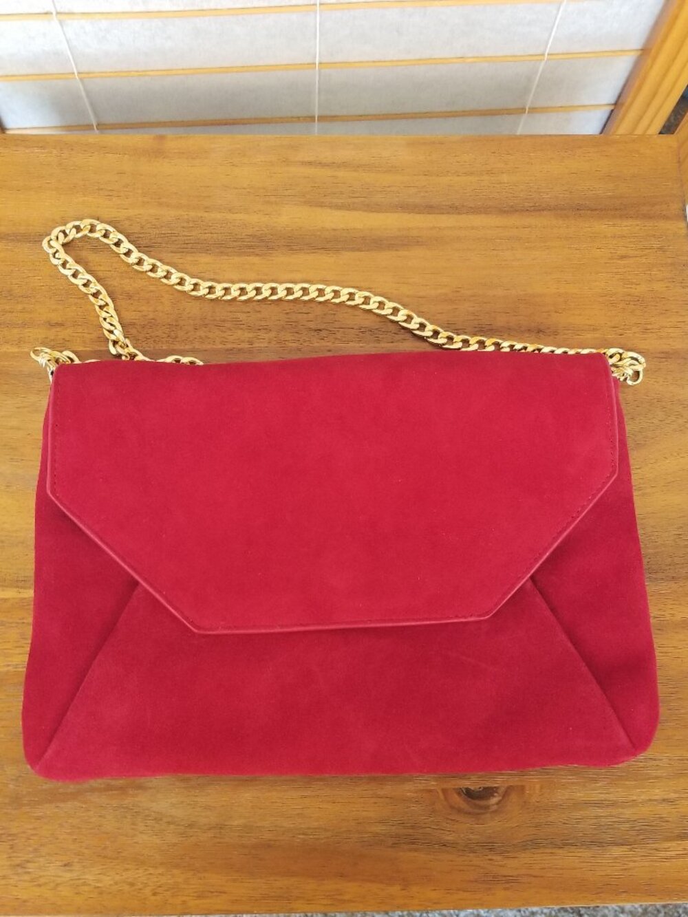 Ann Taylor Red Suede Envelope Clutch Genuine Leather Removable Gold Strap